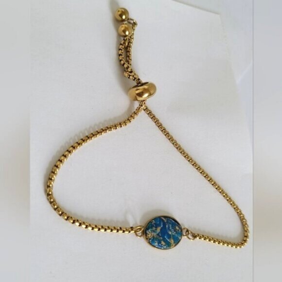 Handcrafted Boho Gold Blue Agate Gemstone Oval Dainty Adjustable Bracelet - Picture 2 of 8